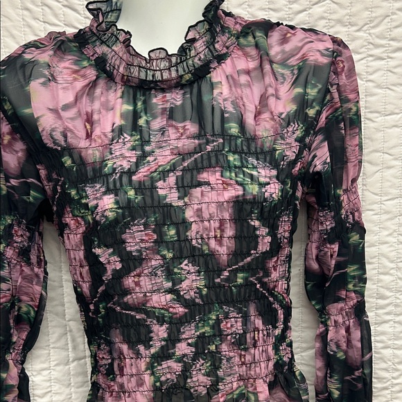 Steve Madden Pink and Black Floral Smocked Ruffle Neck Blouse - Picture 6 of 8